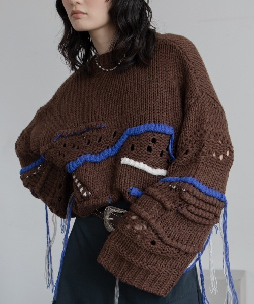 ランダム配色ハンドステッチオーバーニット/新色追加（ニット/セーター