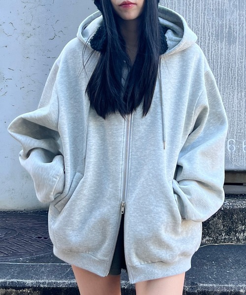 Figments（フィグメンツ）の「裏起毛ダブルZIPビッグパーカー（パーカー・レディース・ブラック/グレー・LARGE/X-LARGE）」の2枚目の写真