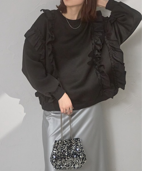 each（イーチ）の「フリル付裏起毛スウェット（スウェット・レディース・グレー/ネイビー/ブラック・FREE）」の4枚目の写真