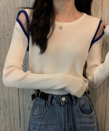 配色ショルダースリットリブニットカットソー