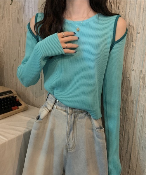 Per sist ence(パーシエンス)の「配色ショルダースリットリブニットカットソー(Tシャツ/カットソー・レディース・ベージュ/ブルー/ブラウン/ホワイト/ブラック・FREE)」の5枚目の写真