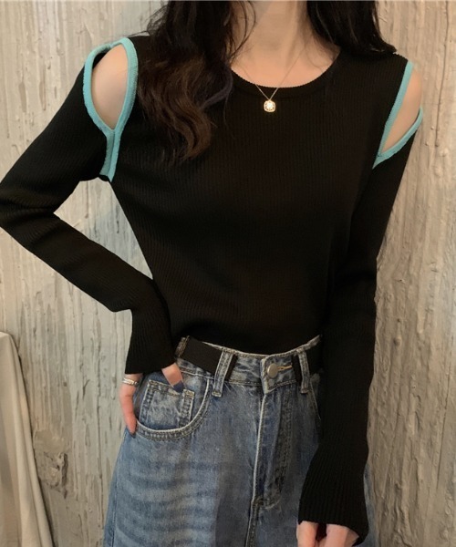 Per sist ence(パーシエンス)の「配色ショルダースリットリブニットカットソー(Tシャツ/カットソー・レディース・ベージュ/ブルー/ブラウン/ホワイト/ブラック・FREE)」の2枚目の写真