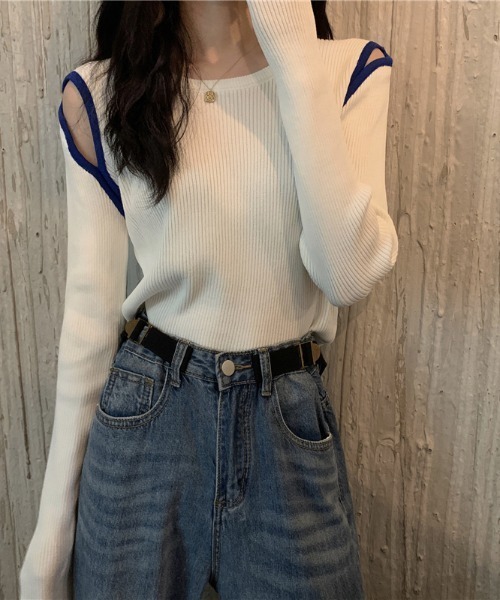 Per sist ence(パーシエンス)の「配色ショルダースリットリブニットカットソー(Tシャツ/カットソー・レディース・ベージュ/ブルー/ブラウン/ホワイト/ブラック・FREE)」の7枚目の写真
