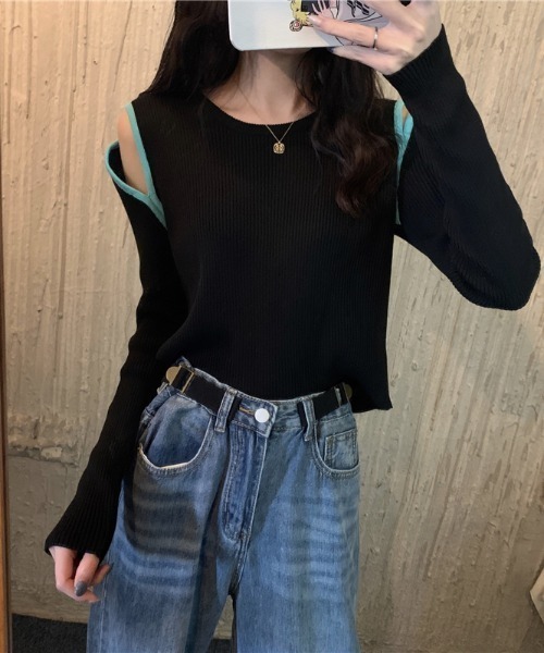 Per sist ence(パーシエンス)の「配色ショルダースリットリブニットカットソー(Tシャツ/カットソー・レディース・ベージュ/ブルー/ブラウン/ホワイト/ブラック・FREE)」の11枚目の写真