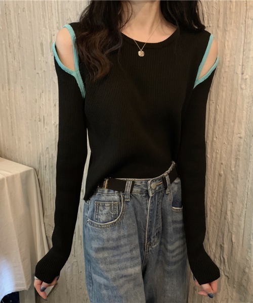Per sist ence(パーシエンス)の「配色ショルダースリットリブニットカットソー(Tシャツ/カットソー・レディース・ベージュ/ブルー/ブラウン/ホワイト/ブラック・FREE)」の12枚目の写真