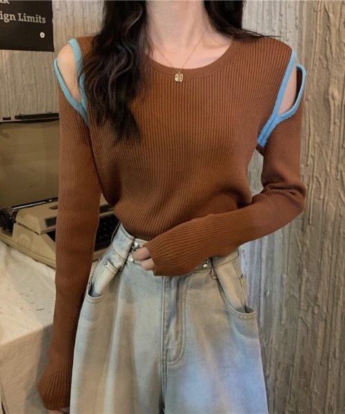 Per sist ence(パーシエンス)の「配色ショルダースリットリブニットカットソー(Tシャツ/カットソー・レディース・ベージュ/ブルー/ブラウン/ホワイト/ブラック・FREE)」の15枚目の写真