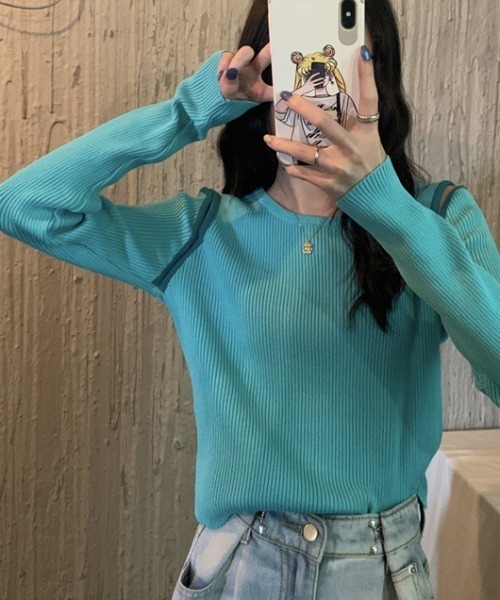 Per sist ence(パーシエンス)の「配色ショルダースリットリブニットカットソー(Tシャツ/カットソー・レディース・ベージュ/ブルー/ブラウン/ホワイト/ブラック・FREE)」の21枚目の写真