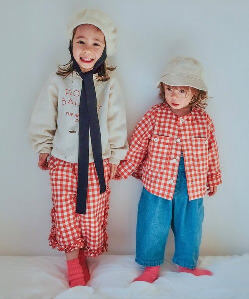 p.premier（ピードットプルミエ）の「【セットアップ可/ジュニア対応】ギンガムチェックとデニムのノーカラーシャツジャケット（ノーカラージャケット・キッズ・ブラック/ネイビー/レッド/グリーン・80/90/100/110/120/130/140）」の16枚目の写真