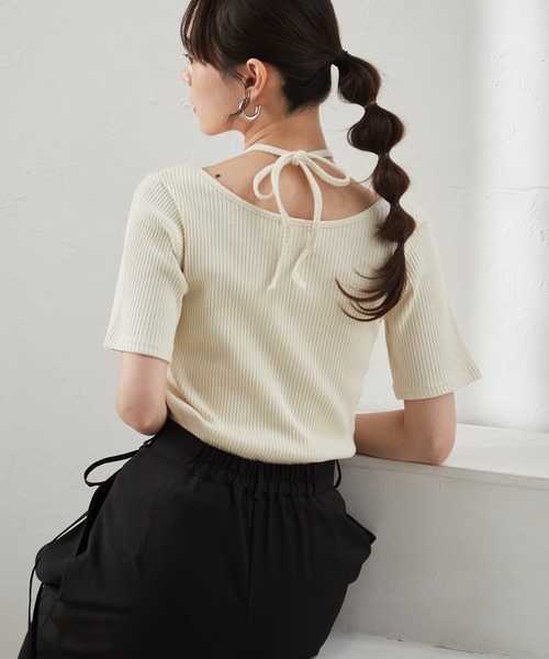 RANAN（ラナン）の「バックリボンホルターネックリブトップス（Tシャツ/カットソー・レディース・ブラック/アイボリー/ブルー/ホワイト×ブラック/ブラウン/チャコール・LL/L/M）」の17枚目の写真