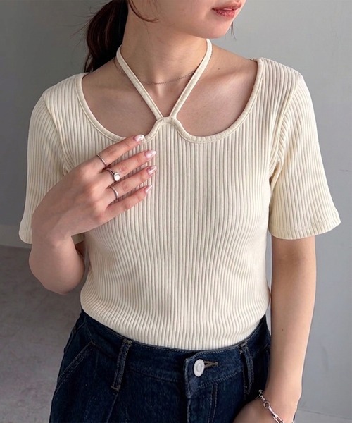 RANAN（ラナン）の「バックリボンホルターネックリブトップス（Tシャツ/カットソー・レディース・ブラック/アイボリー/ブルー/ホワイト×ブラック/ブラウン/チャコール・LL/L/M）」の18枚目の写真