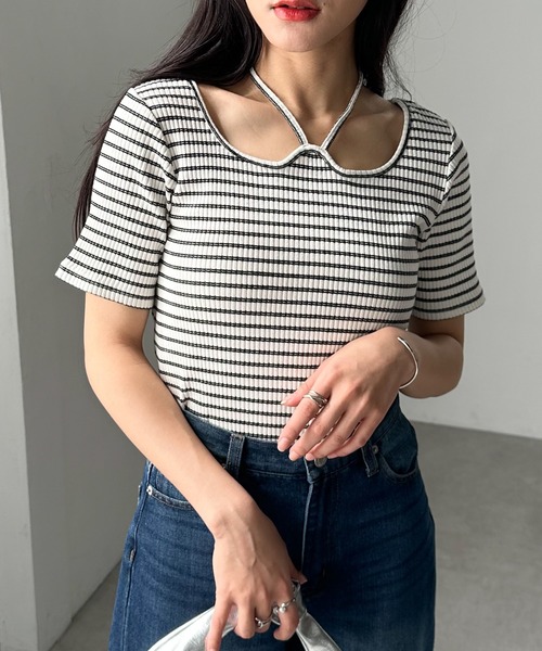 RANAN（ラナン）の「バックリボンホルターネックリブトップス（Tシャツ/カットソー・レディース・ブラック/アイボリー/ブルー/ホワイト×ブラック/ブラウン/チャコール・LL/L/M）」の20枚目の写真