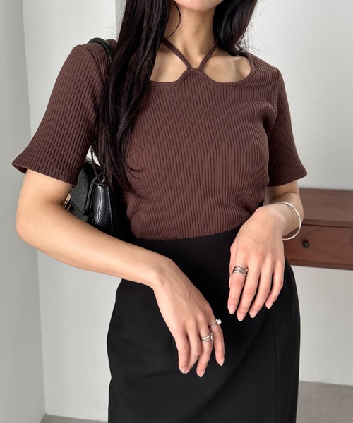 RANAN（ラナン）の「バックリボンホルターネックリブトップス（Tシャツ/カットソー・レディース・ブラック/アイボリー/ブルー/ホワイト×ブラック/ブラウン/チャコール・LL/L/M）」の22枚目の写真