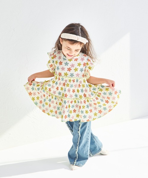 pairmanon（ペアマノン）の「【リンクコーデ】【リブコットン100】配色メロー ティアードチュニック（チュニック・キッズ・グリーン系その他/ホワイト系その他/ブラック系その他/オレンジ系その他/ホワイト系その他2・140/150/100/110/130/120/90）」の12枚目の写真