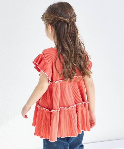 pairmanon（ペアマノン）の「【リンクコーデ】【リブコットン100】配色メロー ティアードチュニック（チュニック・キッズ・グリーン系その他/ホワイト系その他/ブラック系その他/オレンジ系その他/ホワイト系その他2・140/150/100/110/130/120/90）」の6枚目の写真