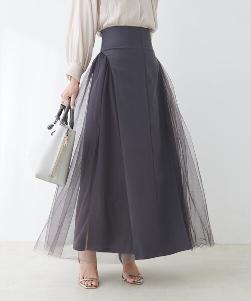 natural couture(ナチュラルクチュール)の「チュールコンビスカート(スカート・レディース・ブラック/グレイッシュベージュ/チャコールグレー・FREE)」の1枚目の写真