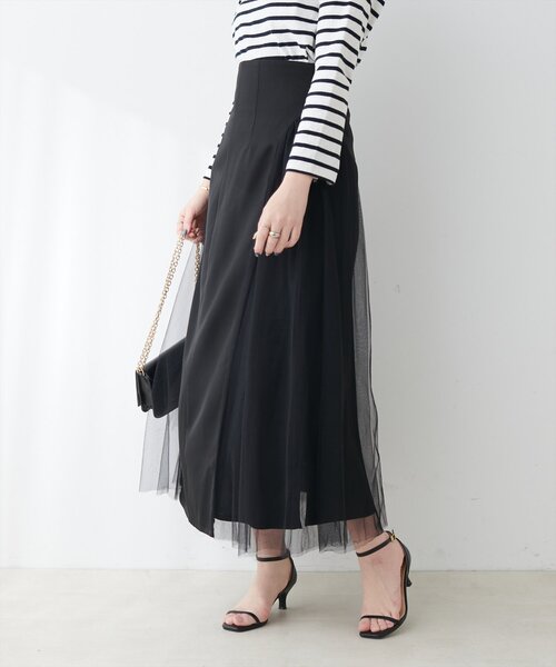 natural couture(ナチュラルクチュール)の「チュールコンビスカート(スカート・レディース・ブラック/グレイッシュベージュ/チャコールグレー・FREE)」の9枚目の写真