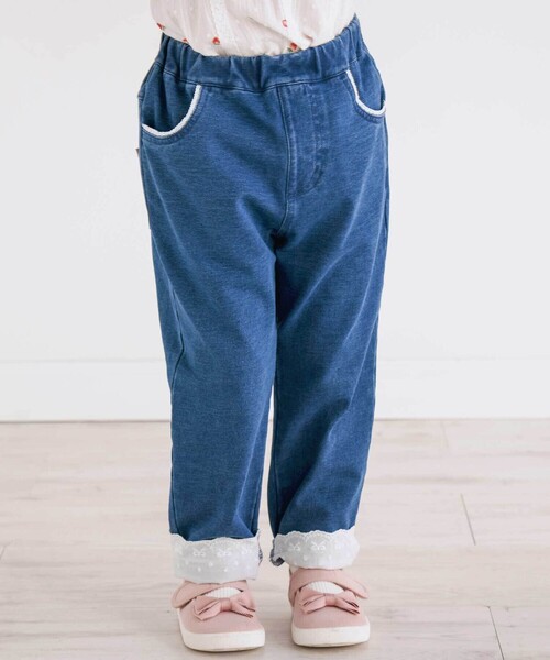 SLAP SLIP(スラップスリップ)の「裾レースデニムカプリパンツ(80~130cm)(デニムパンツ・キッズ・ネイビー/ブルー・120cm/130cm/100cm/80cm/90cm/110cm)」の1枚目の写真