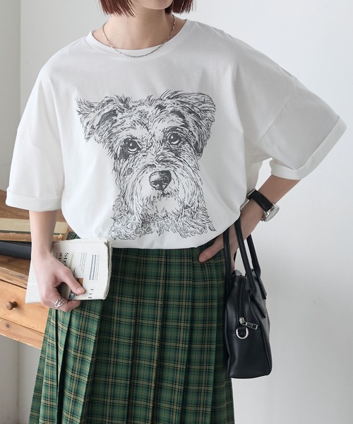 BONLECILL(ボンルシール)の「DOGプリントT(シュナウザー)(Tシャツ/カットソー・レディース・オートミール/ブルー/オフホワイト・FREE)」の2枚目の写真