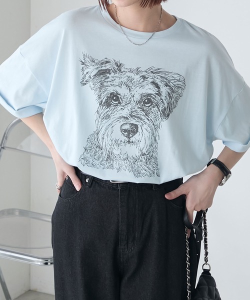 BONLECILL(ボンルシール)の「DOGプリントT(シュナウザー)(Tシャツ/カットソー・レディース・オートミール/ブルー/オフホワイト・FREE)」の3枚目の写真