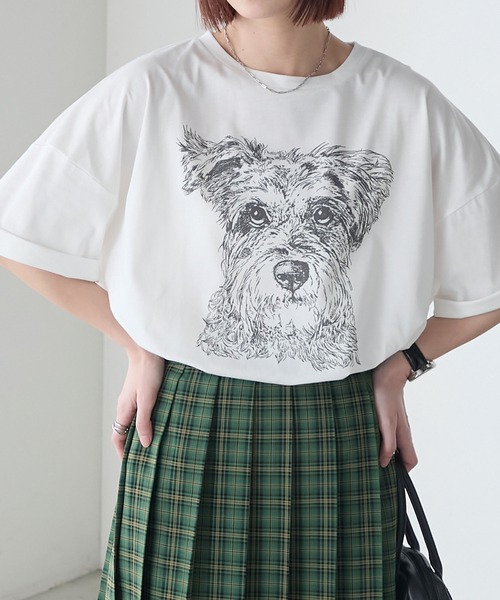 BONLECILL(ボンルシール)の「DOGプリントT(シュナウザー)(Tシャツ/カットソー・レディース・オートミール/ブルー/オフホワイト・FREE)」の4枚目の写真