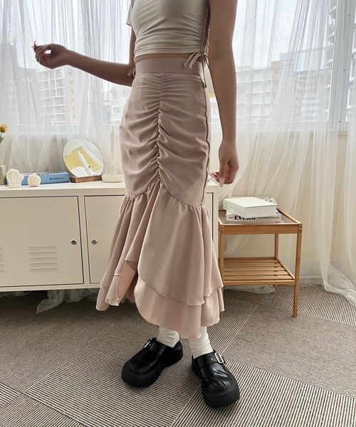 mumu(ムム)の「シャーリングロングスカート(スカート・レディース・ピンクベージュ/ブラック・FREE)」の13枚目の写真