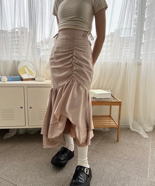 mumu(ムム)の「シャーリングロングスカート(スカート・レディース・ピンクベージュ/ブラック・FREE)」の16枚目の写真