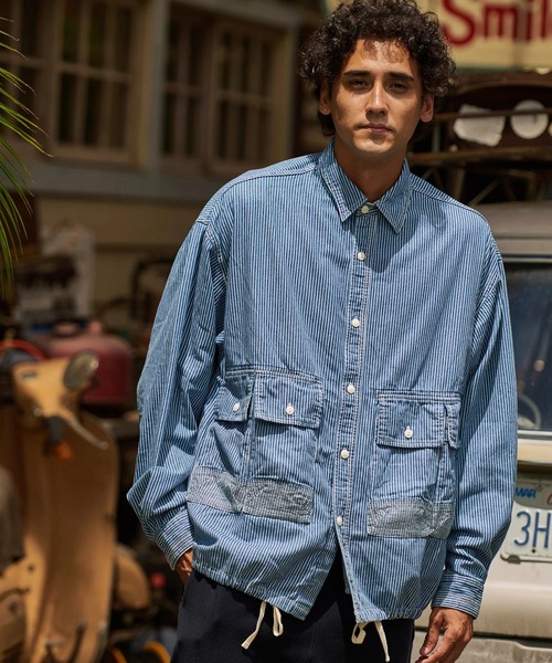 AOZORA(アオゾラ)の「AOZORA/アオゾラ DENIMヒッコリーコーチシャツ(シャツ/ブラウス・メンズ・インディゴブルー/ストライプ・MEDIUM/LARGE/X-LARGE)」の2枚目の写真