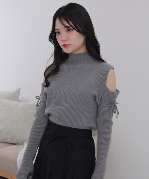 open shoulder high neck knit tops/オープンショルダーハイネック