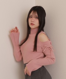 open shoulder high neck knit tops/オープンショルダーハイネックニットトップス
