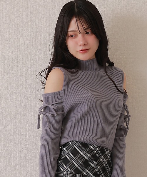 open shoulder high neck knit tops/オープンショルダーハイネック