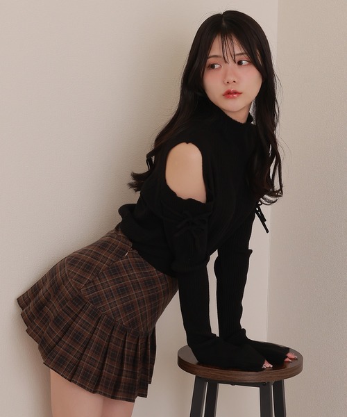 open shoulder high neck knit tops/オープンショルダーハイネック