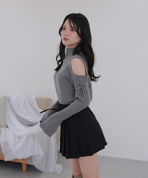 open shoulder high neck knit tops/オープンショルダーハイネック