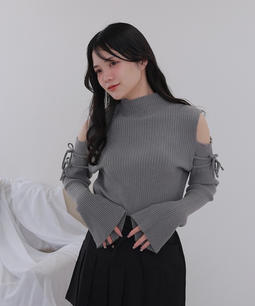 open shoulder high neck knit tops/オープンショルダーハイネック