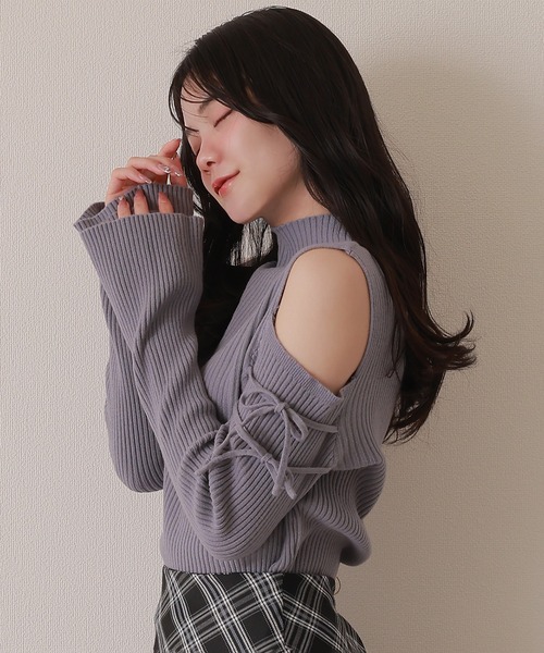 M DOLLY（エムドリー）の「open shoulder high neck knit tops/オープンショルダーハイネックニットトップス（ニット/セーター・レディース・ブラック/アイボリー/グレー/ブルー/ピンク・FREE）」の18枚目の写真