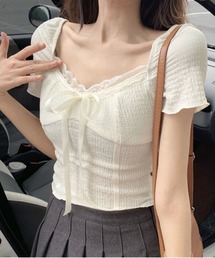 Y2K リボン Vネックレース半袖Tシャツ