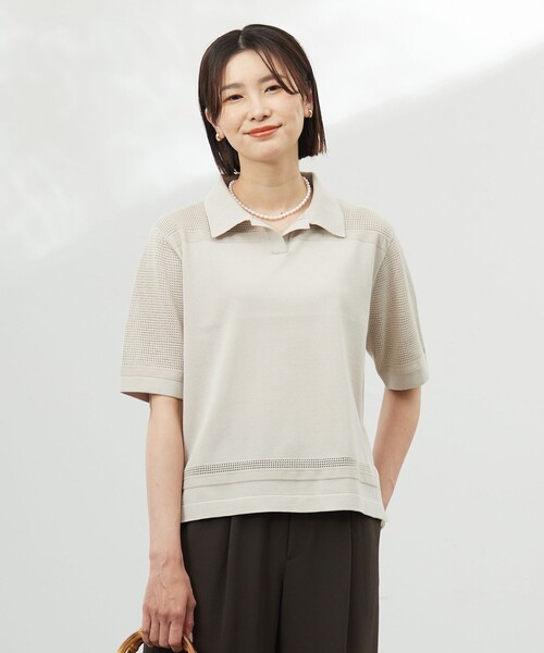 J.PRESS(ジェイプレス)の「【洗える】COTTON POLYESTER ニットポロ(ニット/セーター・レディース・ネイビー系/ベージュ系/ホワイト系・T15/T13)」の1枚目の写真