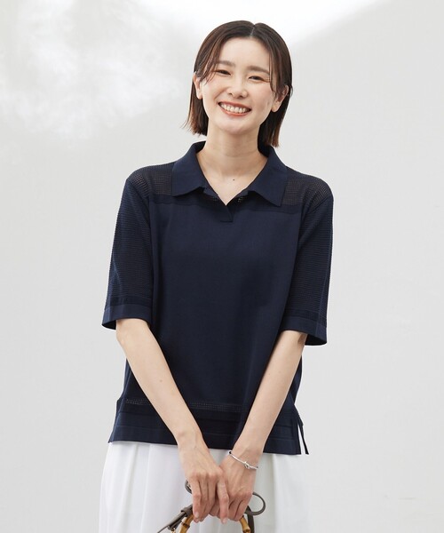 J.PRESS(ジェイプレス)の「【洗える】COTTON POLYESTER ニットポロ(ニット/セーター・レディース・ネイビー系/ベージュ系/ホワイト系・T15/T13)」の3枚目の写真