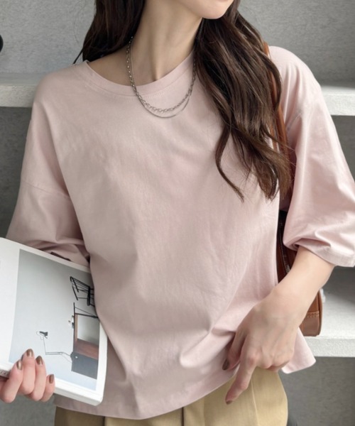 TREOVER(トレオーバー)の「【夏までさらっと】ワイドシルエット ショート丈Tシャツ(Tシャツ/カットソー・レディース・オフホワイト/ブルー/ピンク/チャコール/ネイビー/レッド/ライトピンク/ホワイト×ブラック/ベージュ/ブラック×ホワイト・FREE)」の8枚目の写真