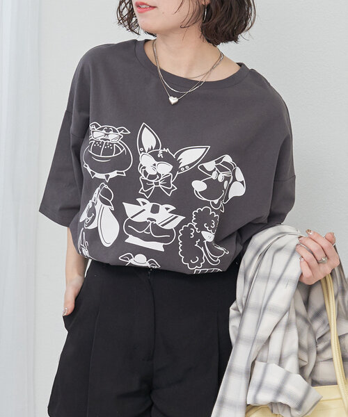 NUNIFE（ユニフィー）の「【NUNIFE】いろいろDOGT（Tシャツ/カットソー・レディース・アイボリー/オフホワイト/スミクロ・FREE）」の3枚目の写真