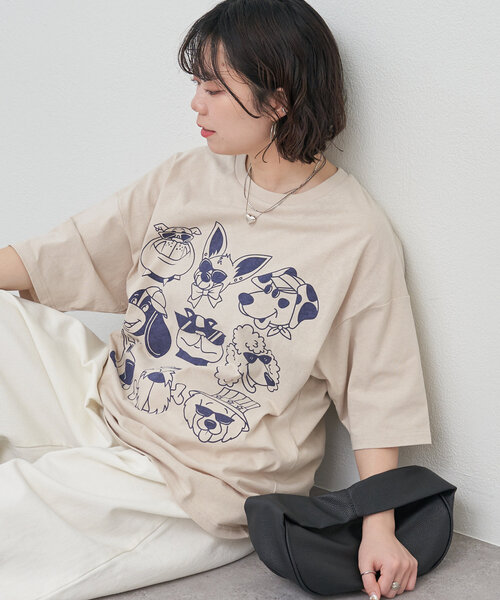 NUNIFE（ユニフィー）の「【NUNIFE】いろいろDOGT（Tシャツ/カットソー・レディース・アイボリー/オフホワイト/スミクロ・FREE）」の2枚目の写真