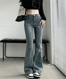 裾フリンジストレッチ フレアデニムパンツ