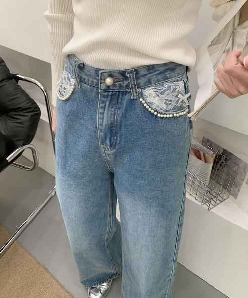 Jasmine】ハイウエストストレートデニムパンツ（デニムパンツ