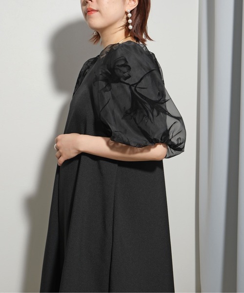 オケージョン オーガンジー ロングワンピース 花柄 ブラック M シアー 結婚式 オケージョン オーガンジー ワンピース 花柄 ブラック M シアー