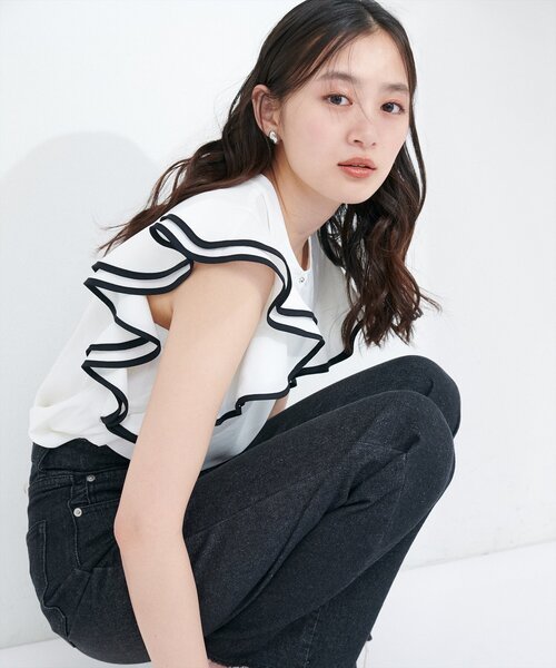 natural couture（ナチュラルクチュール）の「【WEB限定】配色ラッフルスリーブブラウス（シャツ/ブラウス・レディース・アイボリー/ライトベージュ/ブラック/ピンク/ミント・FREE）」の9枚目の写真