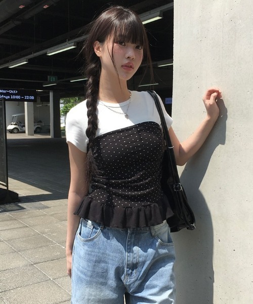 裾フリルサイドシャーリングドットチューブトップ（Tシャツ