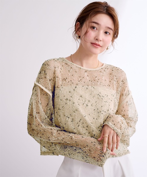 日本未入荷 CHUU★87ユナイテッドメッシュトップス セール】カットメッシュクロップドニット(ニット/セーター