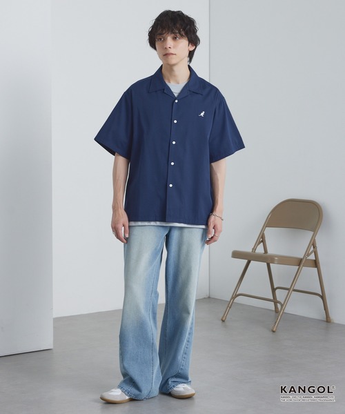 まる。出品 KANGOL/カンゴール 別注 ワンポイント刺繍 オープンカラー半袖シャツ