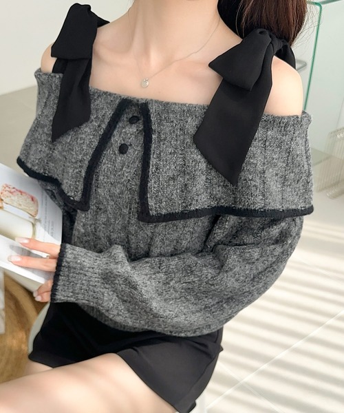 mily bilet(ミウィビレット)の「【mily bilet】秋は”思いきり女の子っぽく”、が気分。大きめリボン甘めお姉さんスタイル。肩リボン使いケーブル編みニット(ニット/セーター・レディース・アイボリー/チャコールグレー/グレー/ブラウン・MEDIUM/SMALL/X-LARGE/LARGE)」の13枚目の写真
