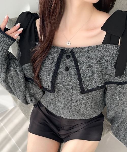 mily bilet(ミウィビレット)の「【mily bilet】秋は”思いきり女の子っぽく”、が気分。大きめリボン甘めお姉さんスタイル。肩リボン使いケーブル編みニット(ニット/セーター・レディース・アイボリー/チャコールグレー/グレー/ブラウン・MEDIUM/SMALL/X-LARGE/LARGE)」の18枚目の写真