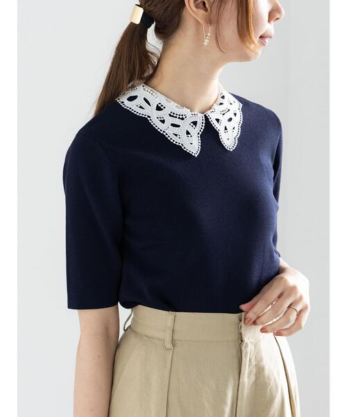 未使用新品✩overE プチハイ5分袖パネルニット25SS 102スカイブルー プチハイ5分袖パネルニット 25SS：スカイブルー│胸が大きな女性